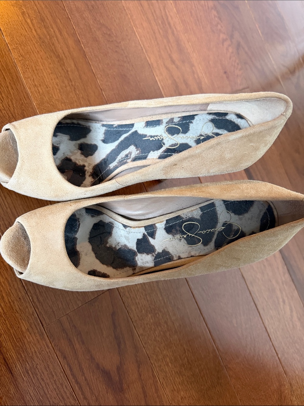 Jessica Simpson Tan Suede Peep-Toe Pumps with Leopard Insole